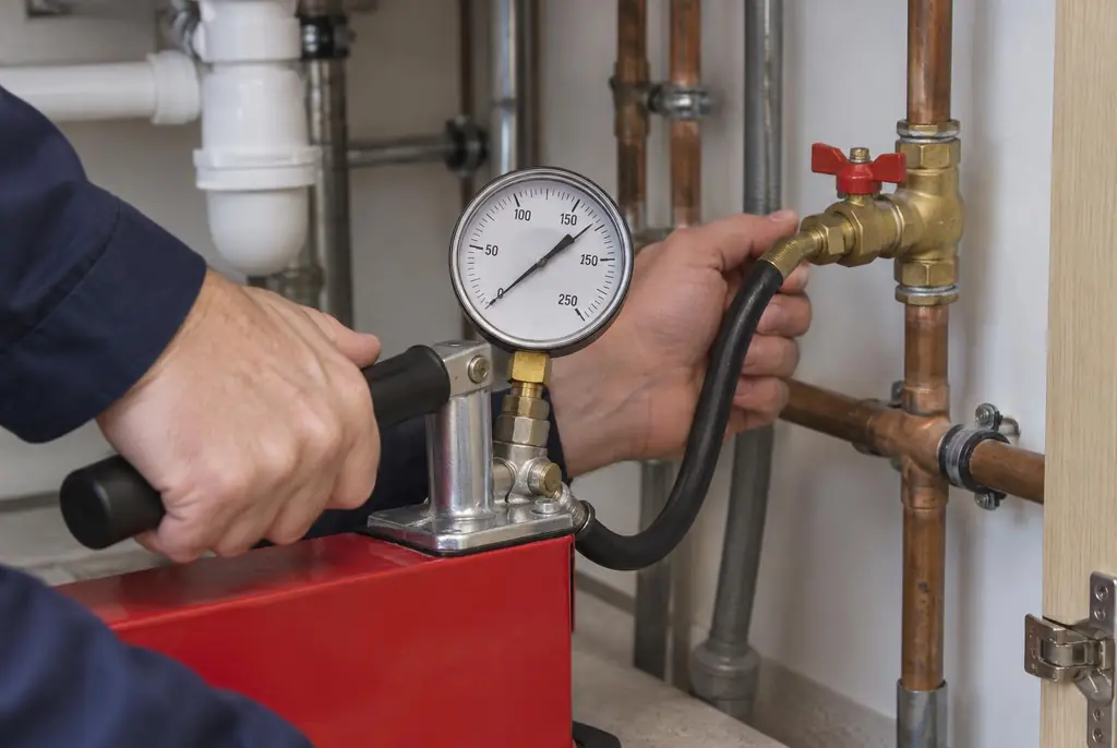 Lekdetectie Gouda – druktest op een waterleiding met een manometer