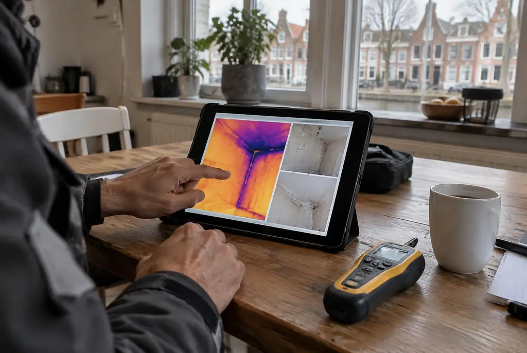 Lekdetectie Gouda – lekdetectierapport met warmtebeelden en foto's op een tablet