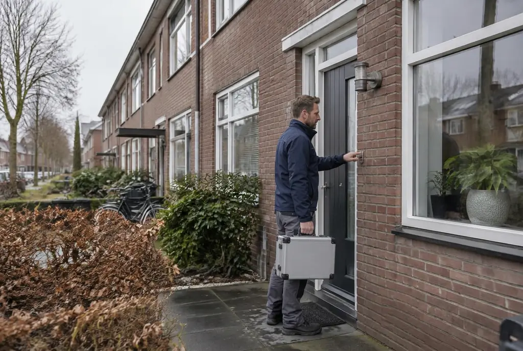 Lekdetectiespecialist met meetkoffer bij de voordeur van een woning in Gouda